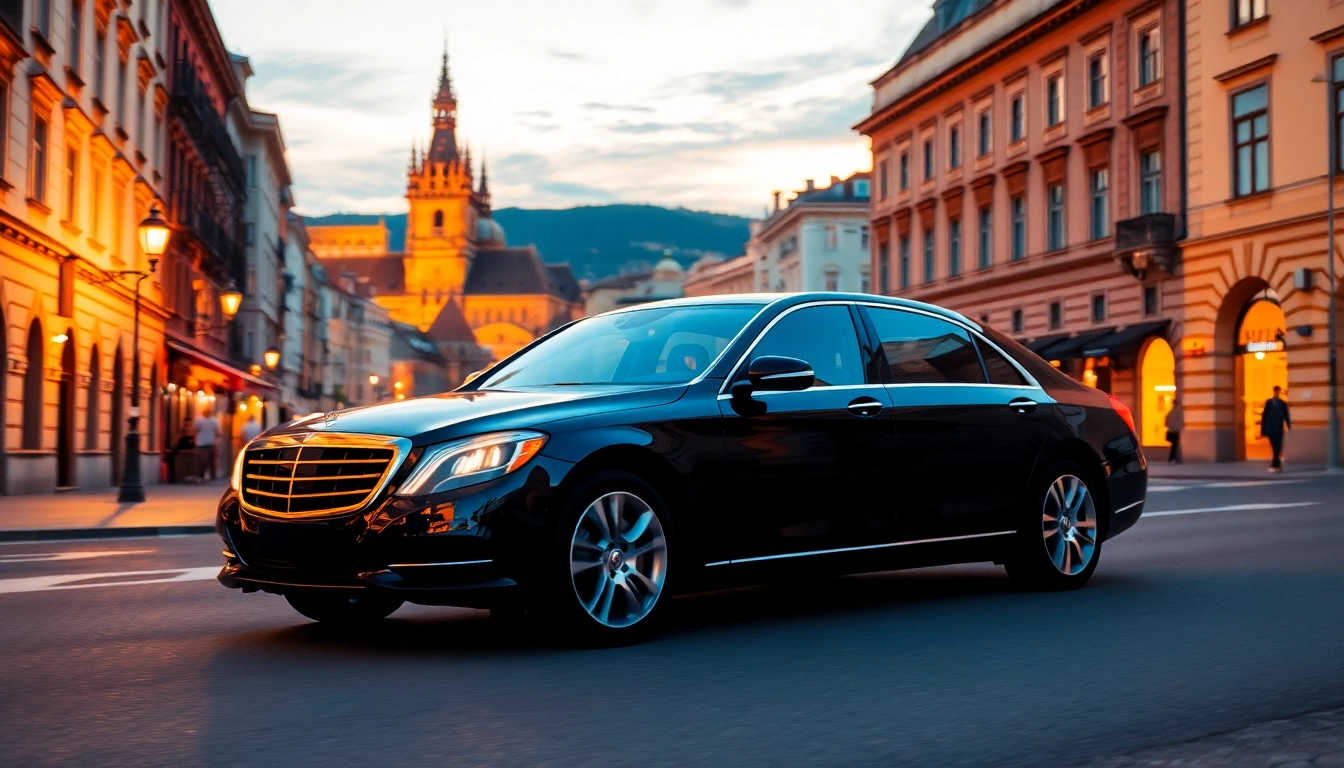 Experience the comfort of a cheap chauffeur service Prague, featuring a luxury sedan driving through scenic streets.