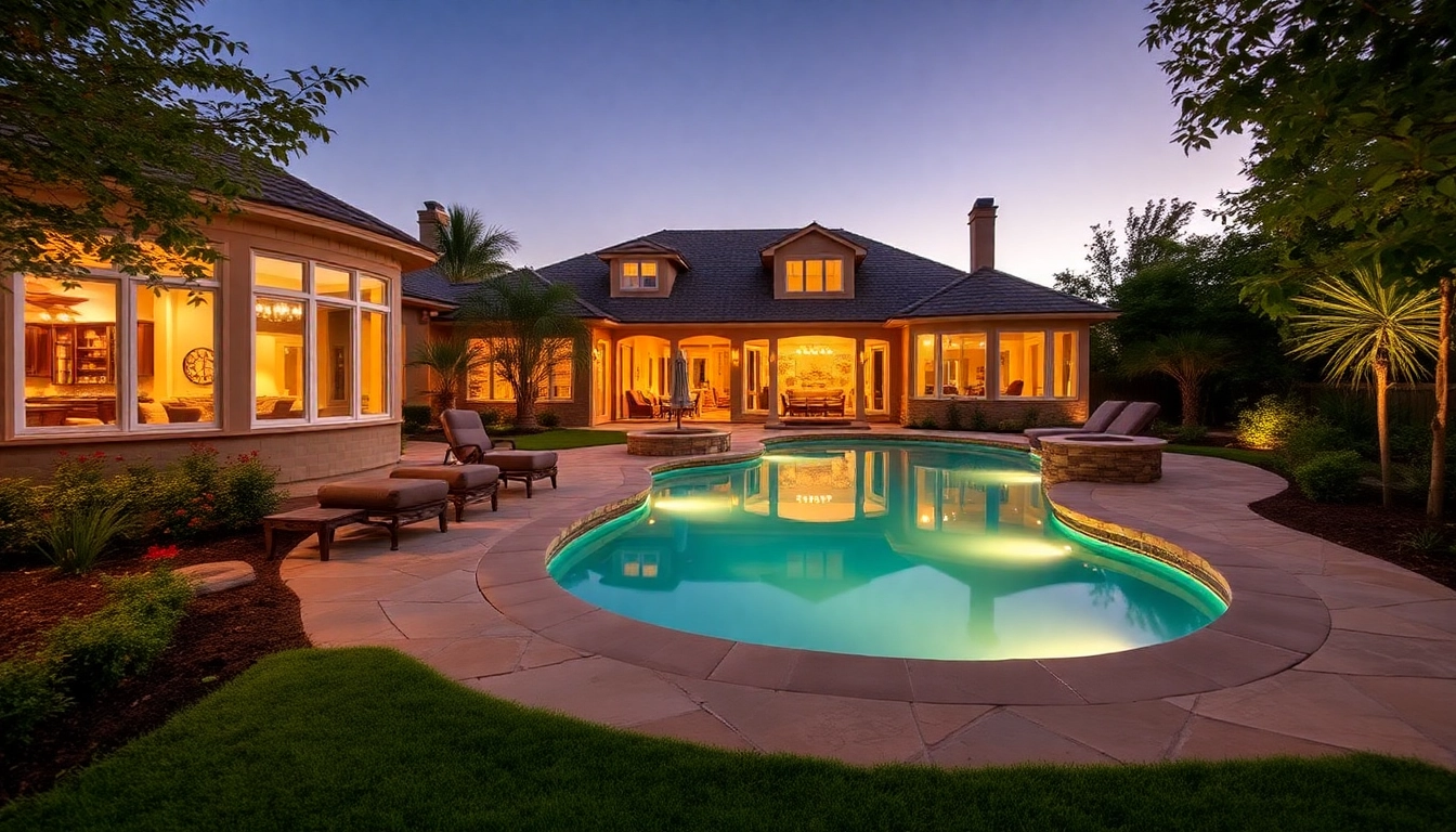 Transform your outdoor space with stunning hardscapes & pools, featuring elegant stonework and a serene pool setting.