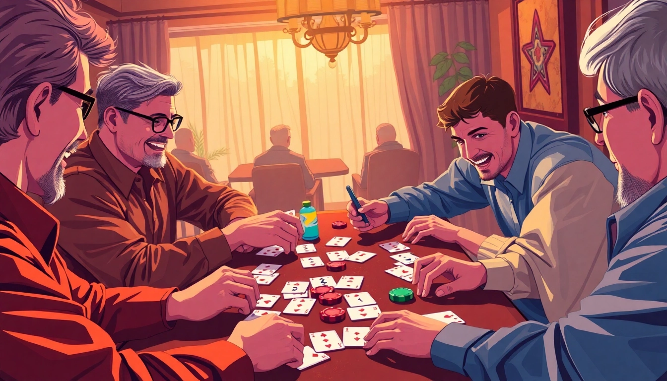 Players enjoying an engaging rummy wealth game with colorful cards and chips in a lively setting.