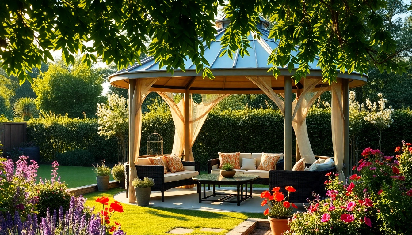 Relax under a beautifully designed gazebo ireland amidst a vibrant garden, offering ideal shade and comfort.