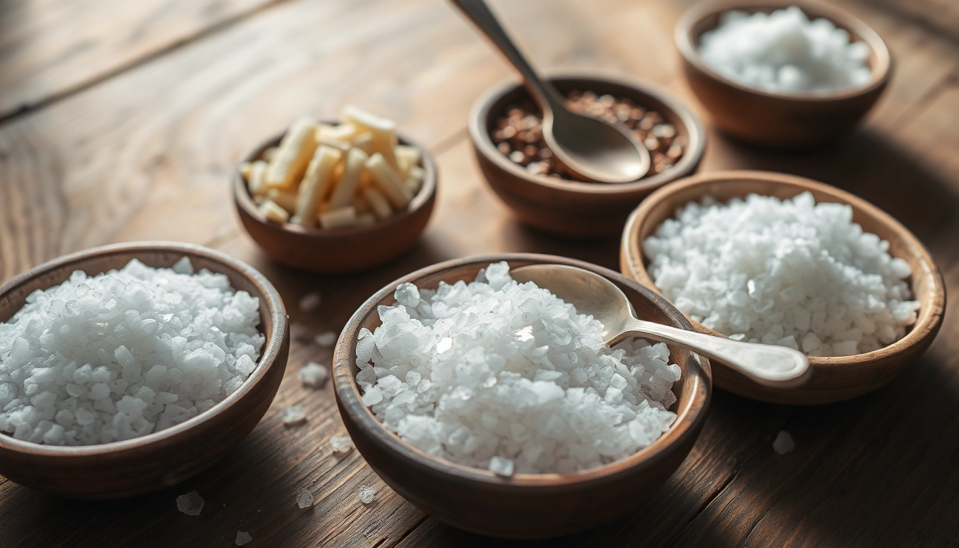 Salting: Add different types of salt in bowls on a wooden table to enhance flavors.