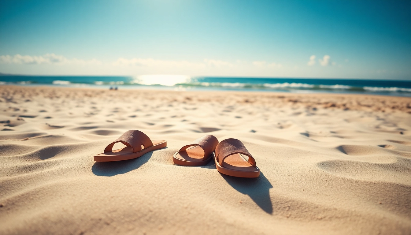 Beach slippers showcased on warm sand, highlighting comfort and style with 'More Info' on trendy footwear.