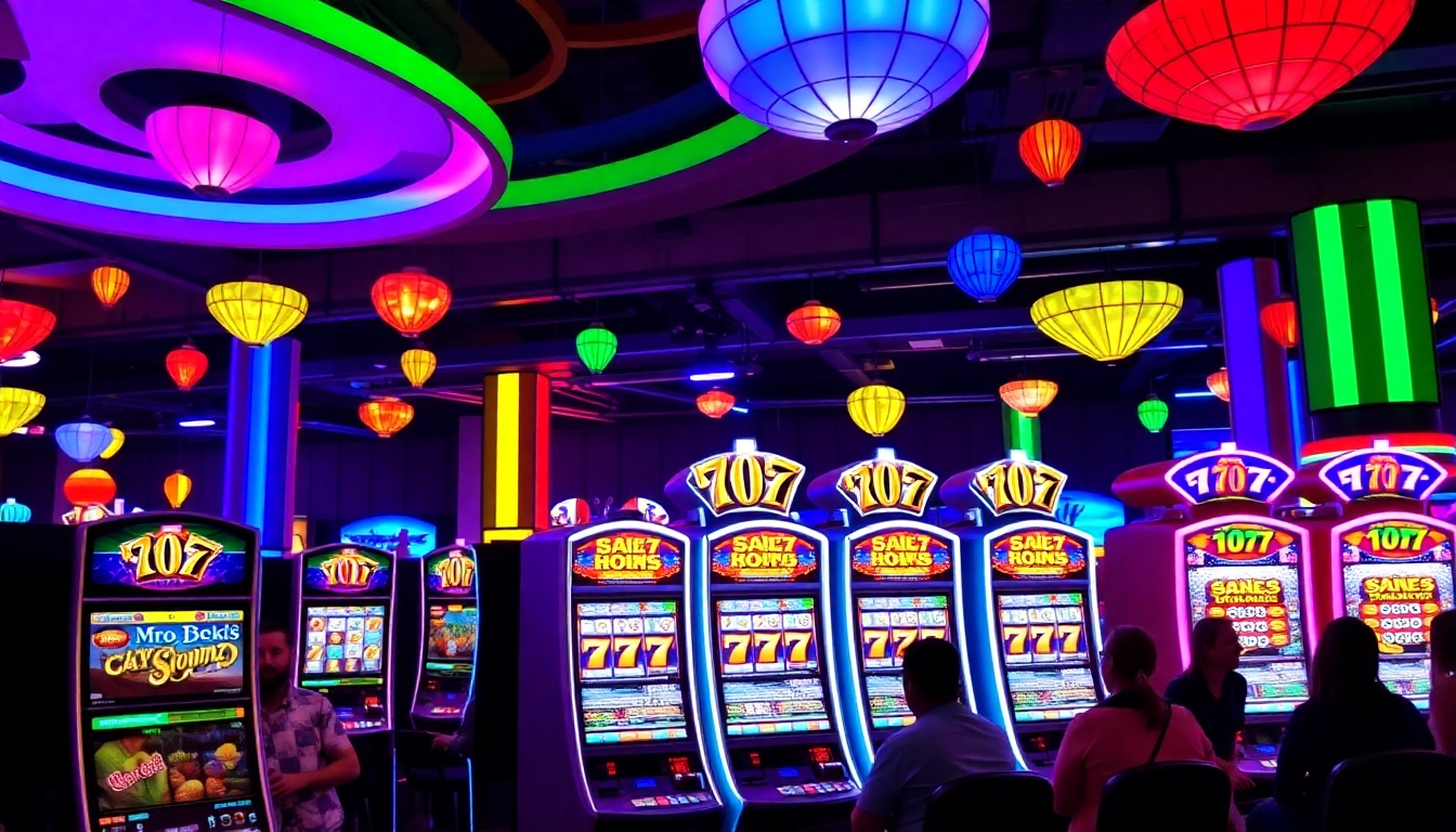 Players enjoying สล็อต777 slot machines with bright lights and dynamic gameplay.