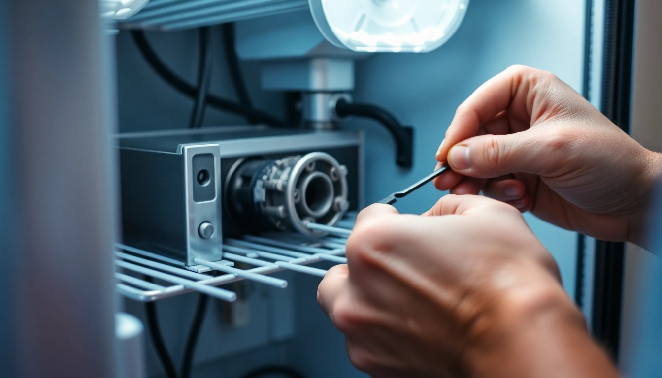 Soda cooler repair process with a technician examining the mechanical components, ensuring efficient operation.