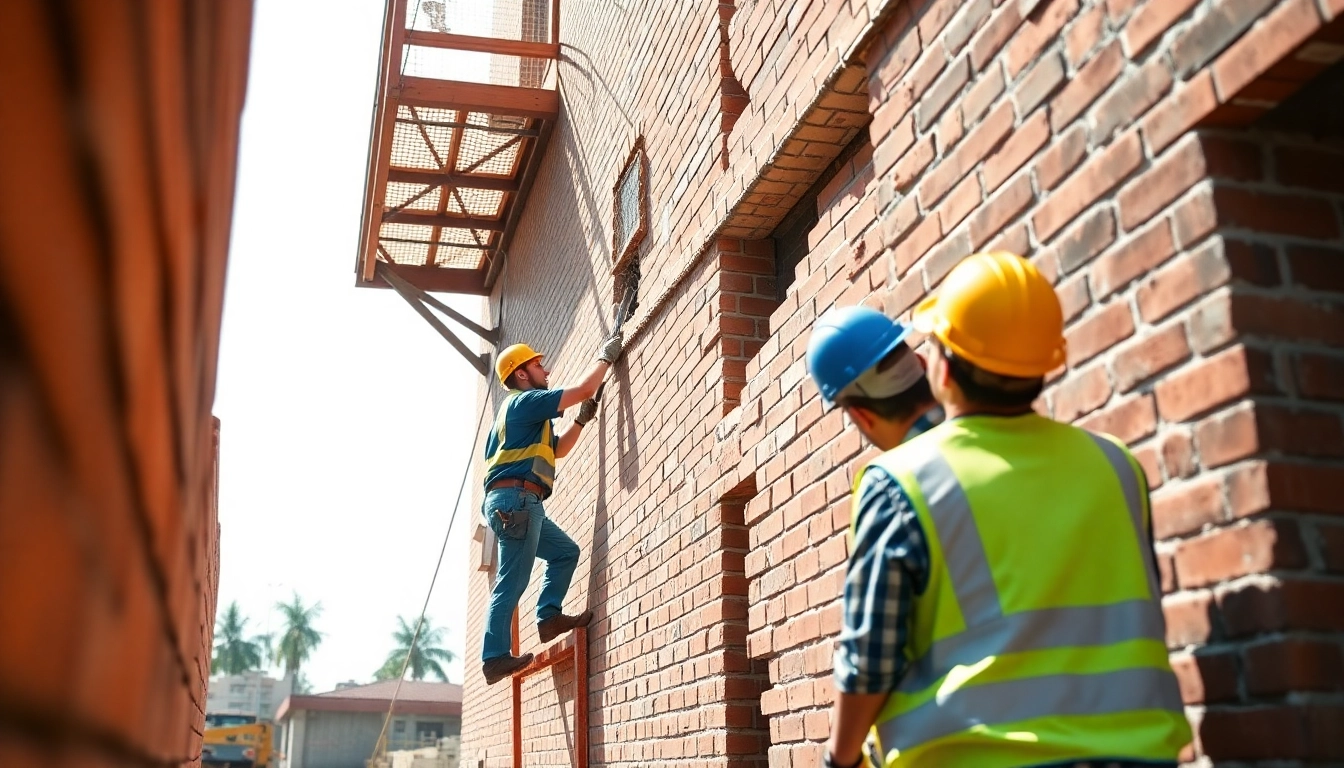 Workers engaged in facade removal of a brick wall, demonstrating professional techniques in a lively construction environment.