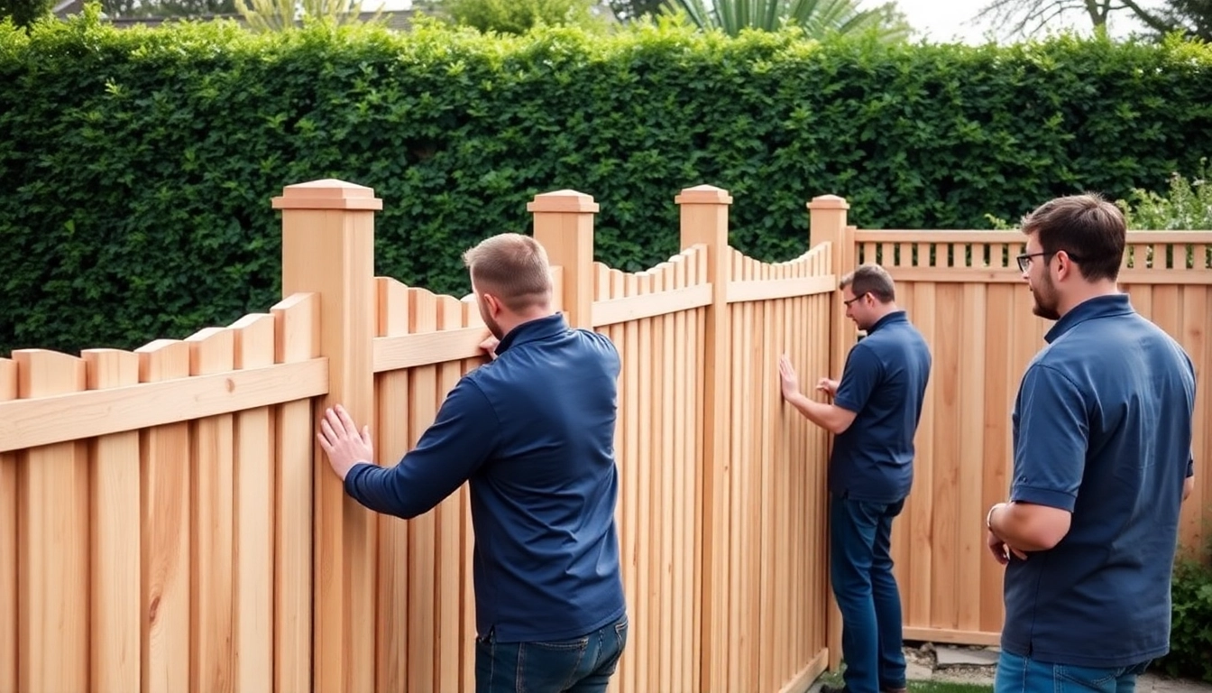 Skilled professionals from fencing companies Manchester build a beautiful wooden fence in a garden.