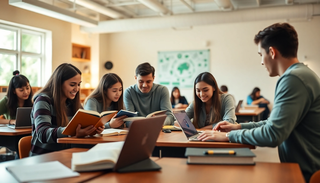 Students using Homeworkmarket for collaborative homework solutions in a vibrant study setting.