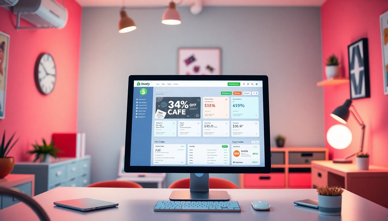Create unique discount codes easily with Shopify bulk discount code generator showcased on a modern laptop in a vibrant office.