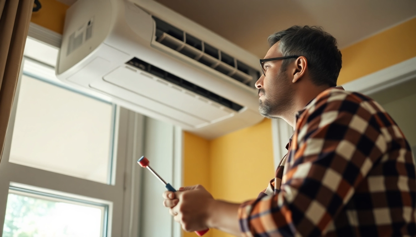 When my air con is not working, a homeowner checks the AC unit for issues, surrounded by tools and a concerned expression.