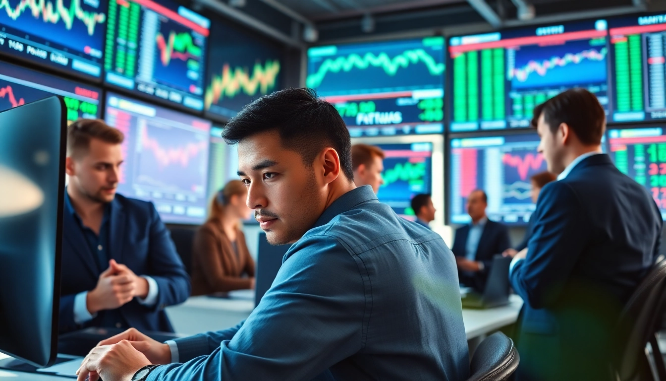Traders analyzing trade futures data in a modern trading room with multiple screens.