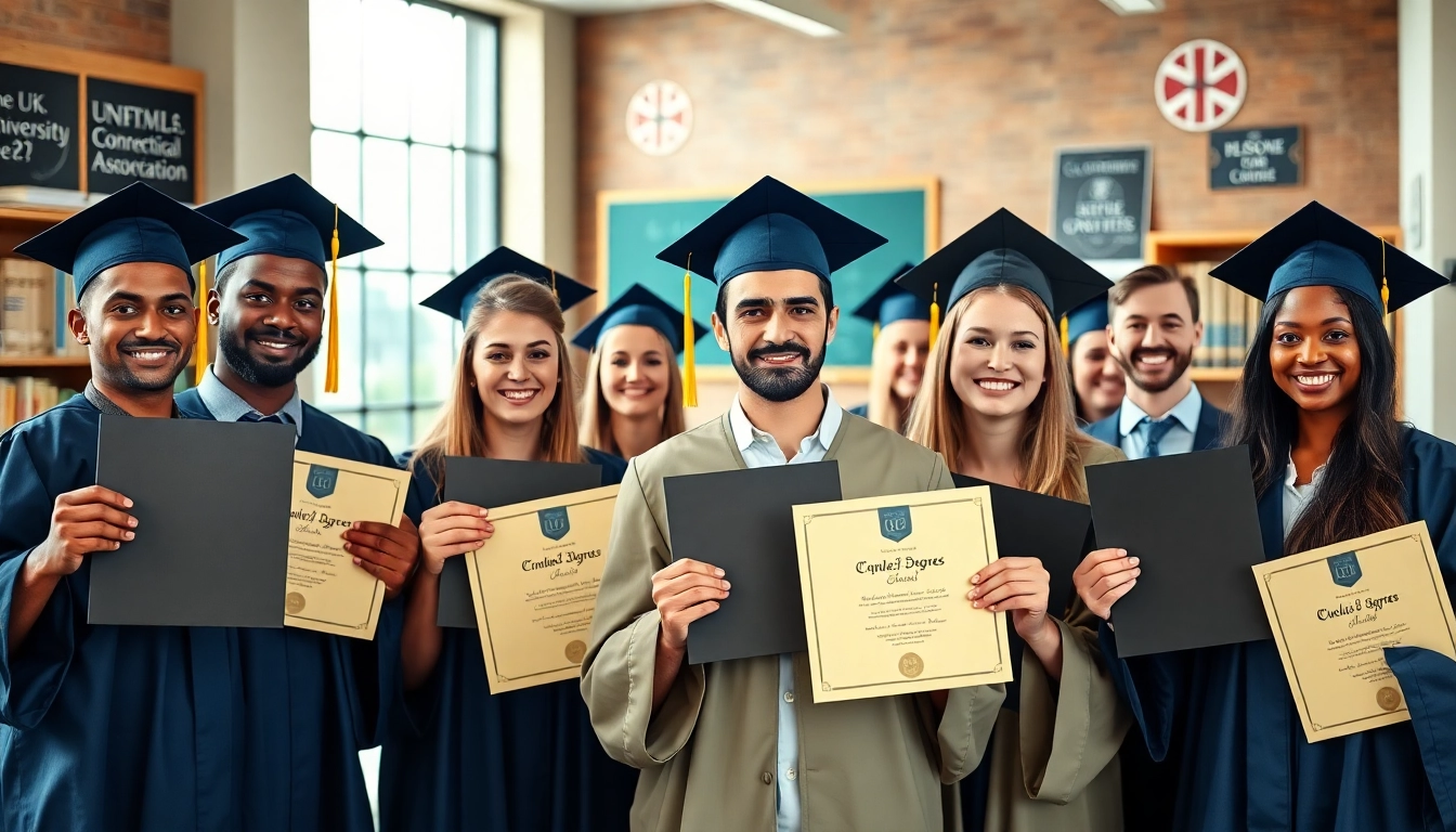 Proud graduates showcasing their original university degree UK in a bright university setting.