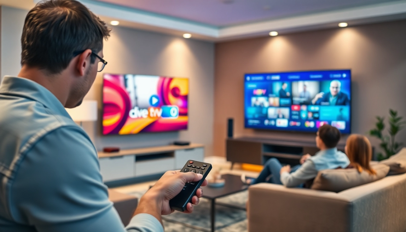 Engage with IPTV test line setups showcasing vibrant content on modern TVs in a cozy living room.
