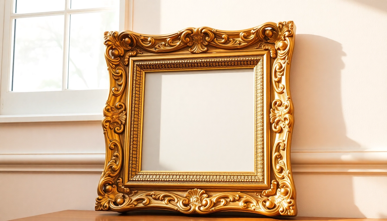 Ornate picture frames displaying a vintage photograph with intricate gold detailing.