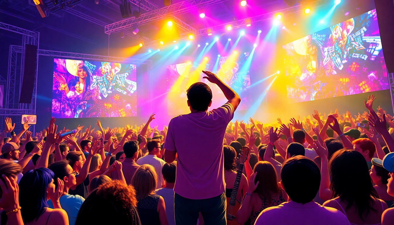 Engaging music festival performance celebrating Music with vibrant colors and a lively atmosphere.