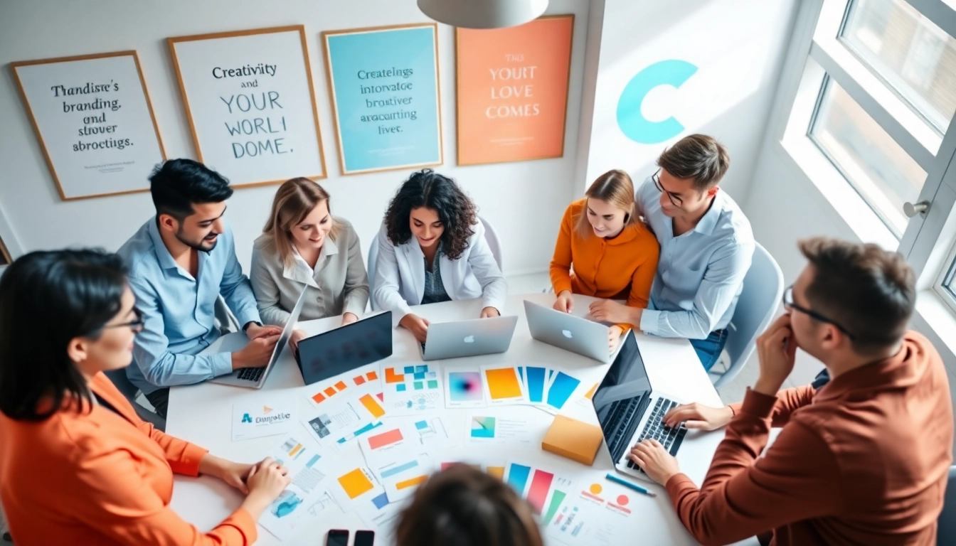 Capture the essence of AI business branding with a creative team collaborating in a vibrant workspace.