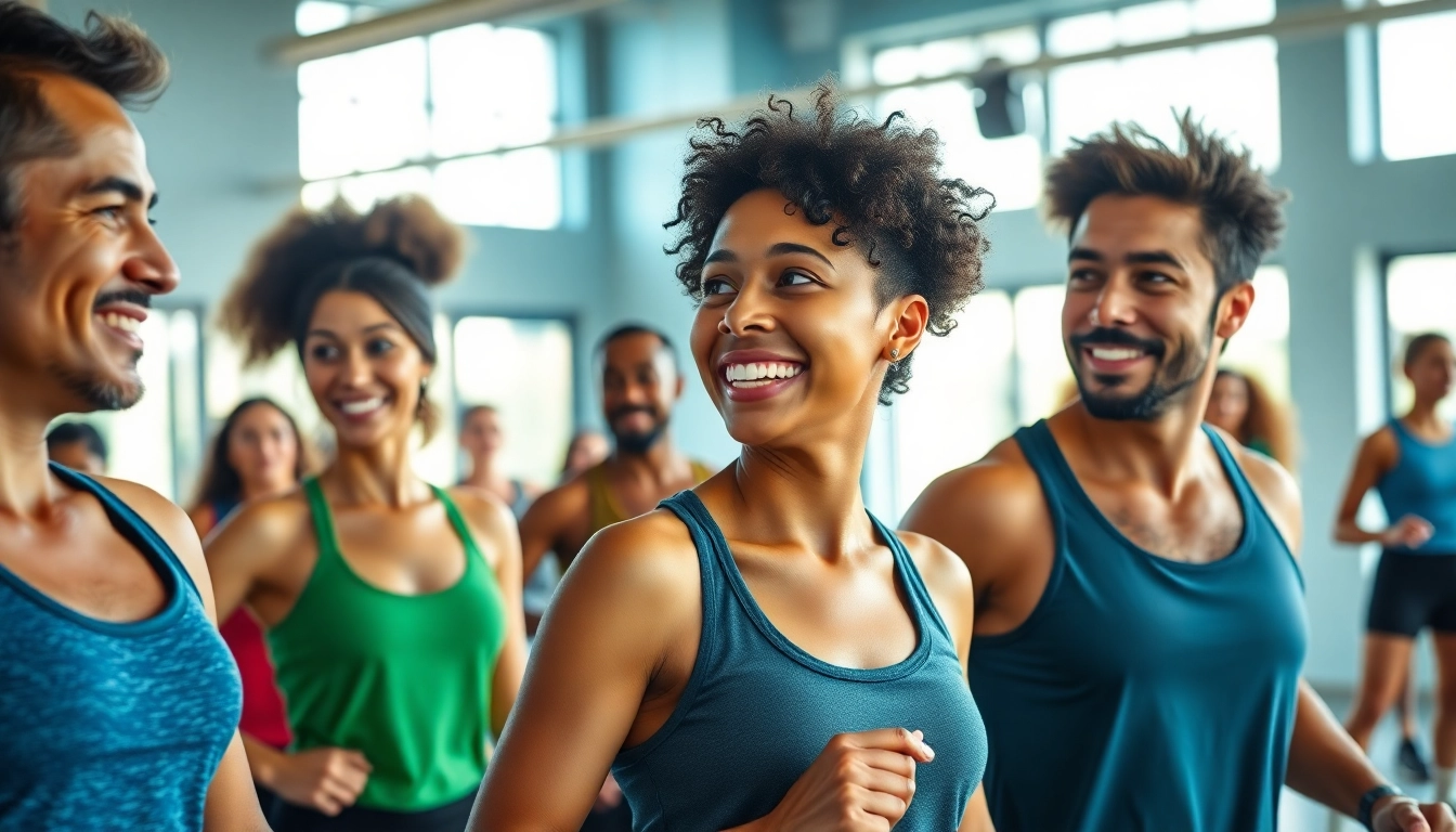 Join an energizing small group class near me, featuring diverse participants engaged in dynamic workouts.