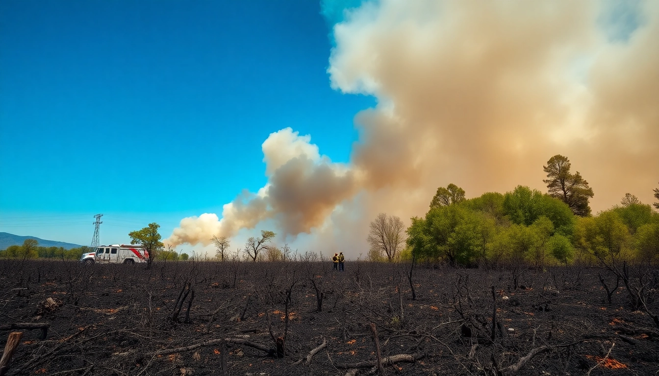 View of wildfire events showing firefighters battling flames amidst charred landscapes.