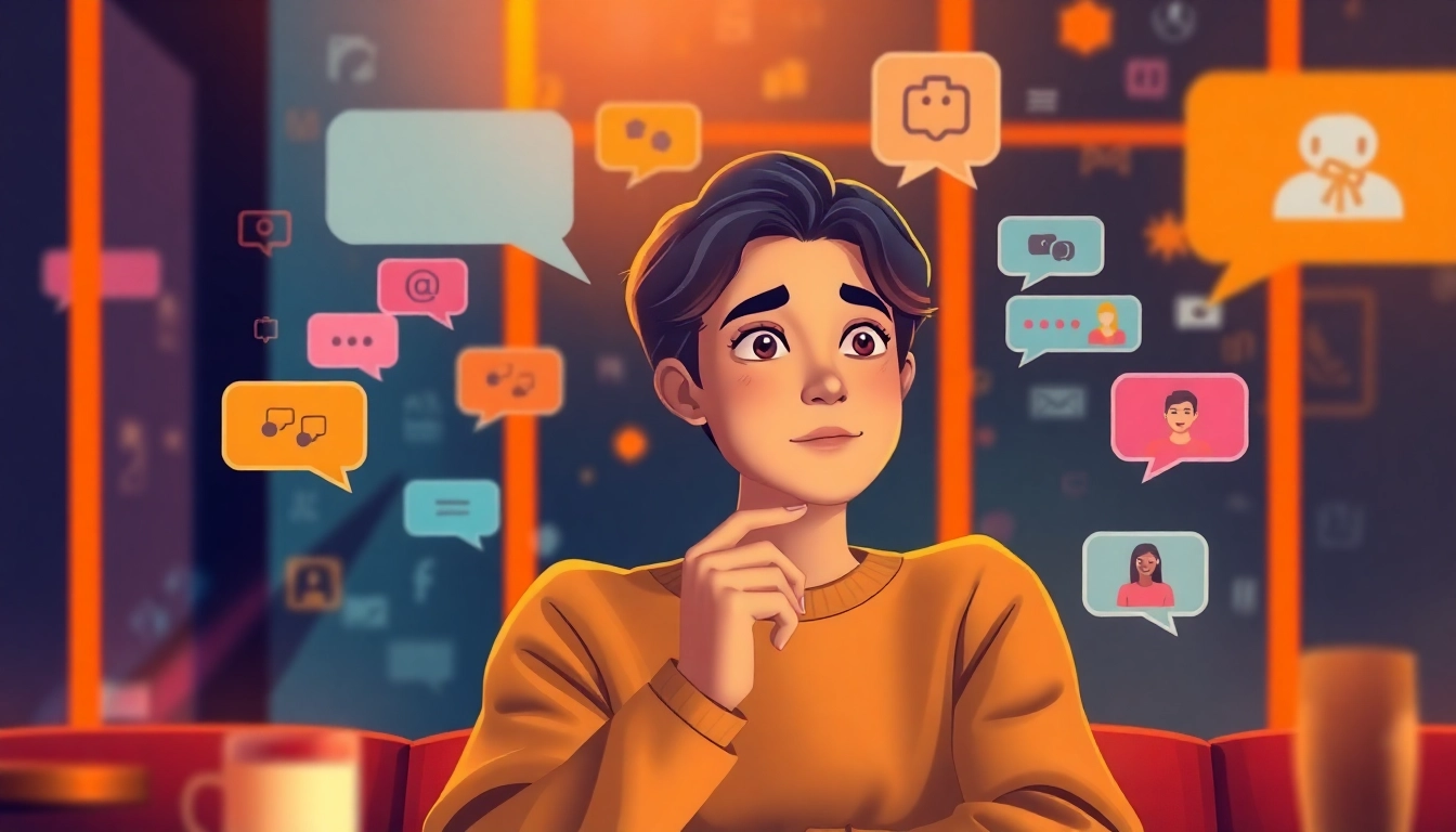 Engage with character ai +18 in a cozy virtual café setting, featuring a digital avatar and chat bubbles.