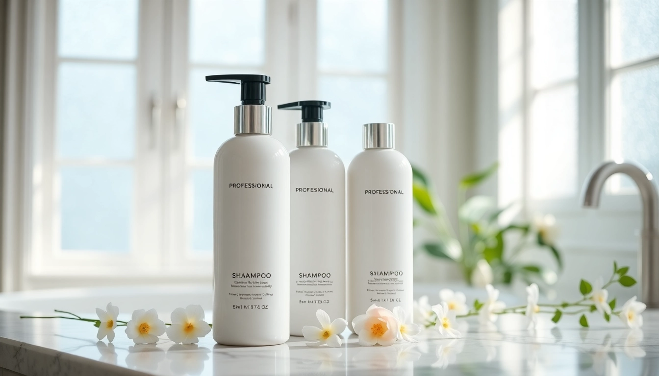 Promote sulfate free shampoo in a luxurious bathroom with elegant products and greenery.