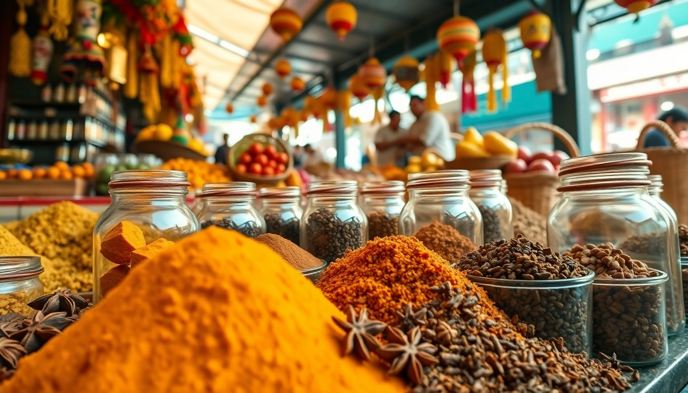 Mélange de diverses épices orientales exposées dans un marché coloré.