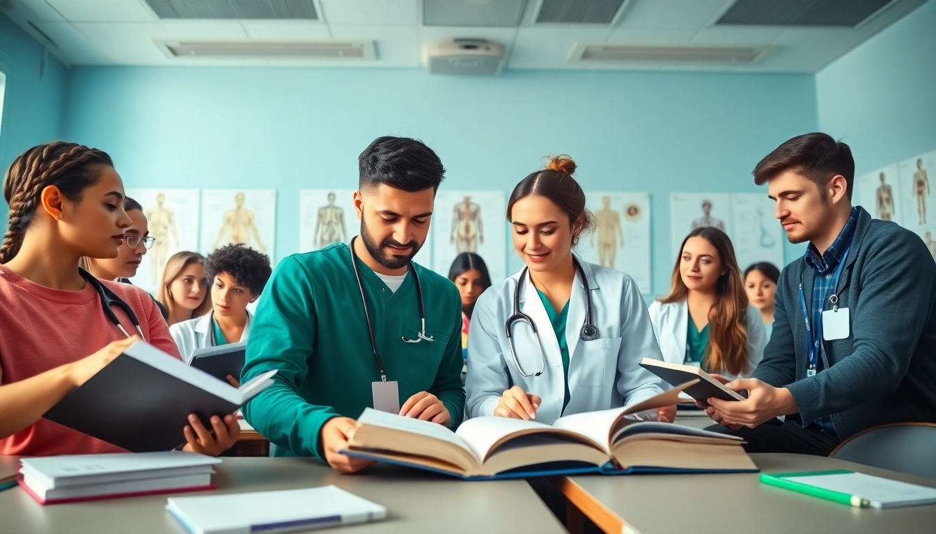 Studierende am Medizinstudium ohne NC diskutieren eifrig in einem modernen Klassenzimmer.