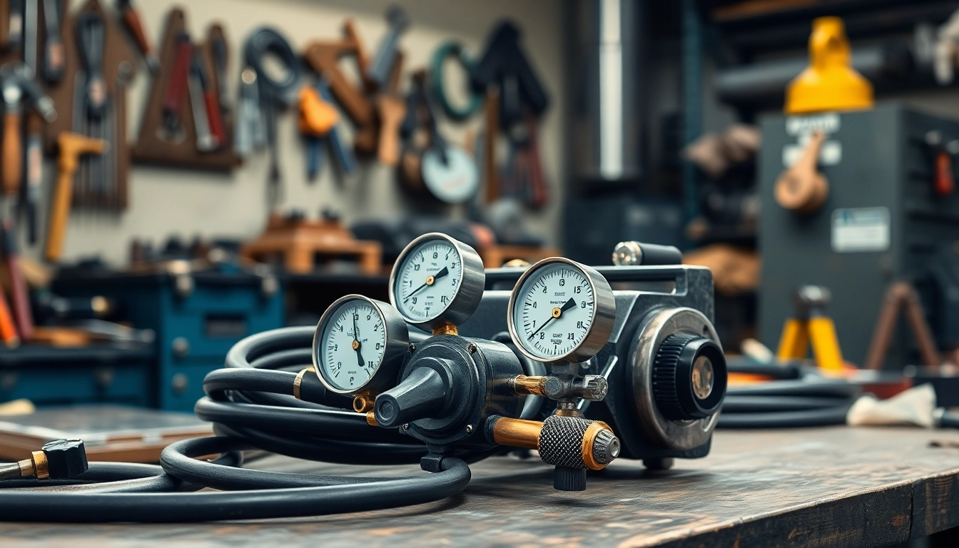 Oxy acetylene welding kit in a professional workshop setting, showcasing its detailed equipment.