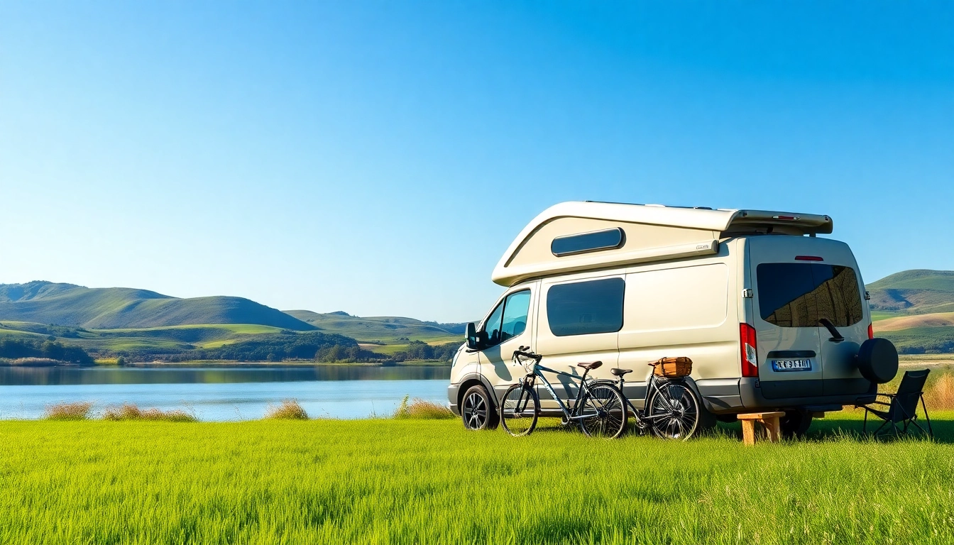 Capturing the perfect campervan in a tranquil lakeside setting, inviting outdoor adventure.