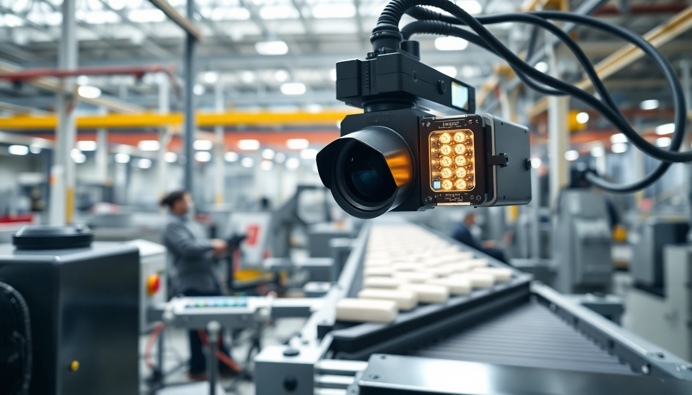 Elevated view of a machine vision system examining products for quality control in a modern factory.