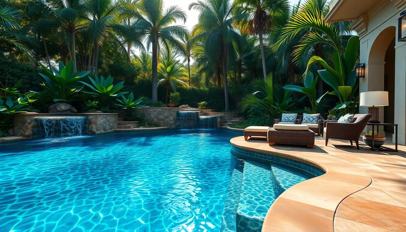 Experience a stunning custom pool design with tropical elements and inviting outdoor spaces.