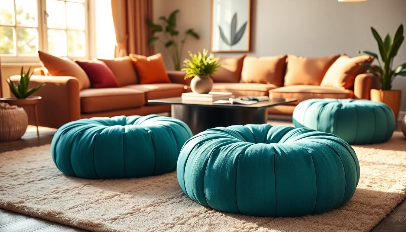 Cactus silk Poufs in a cozy living room setting highlighting vibrant colors and textures.