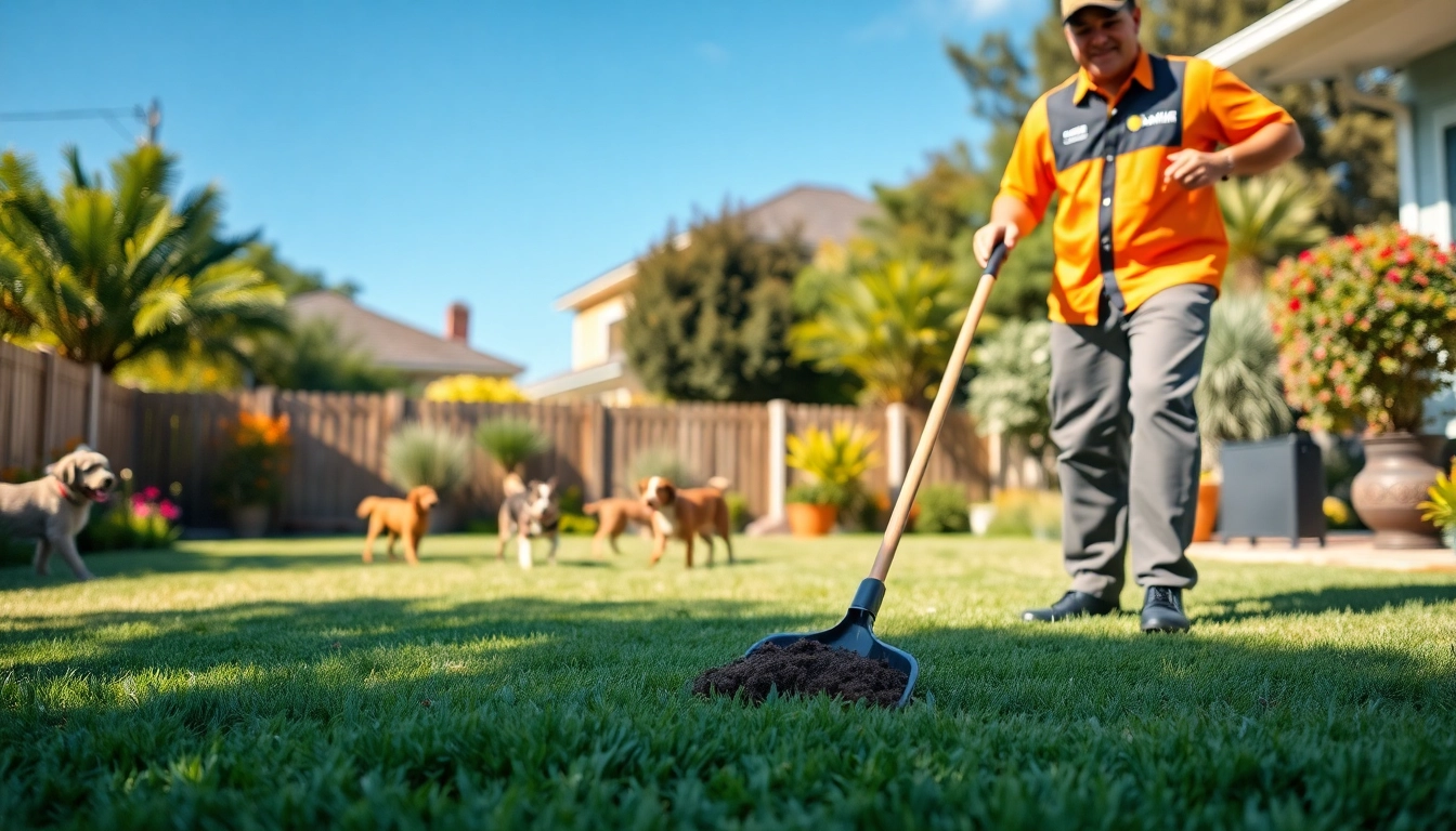 Dog poop cleaning service technician provides professional waste removal in a clean yard.