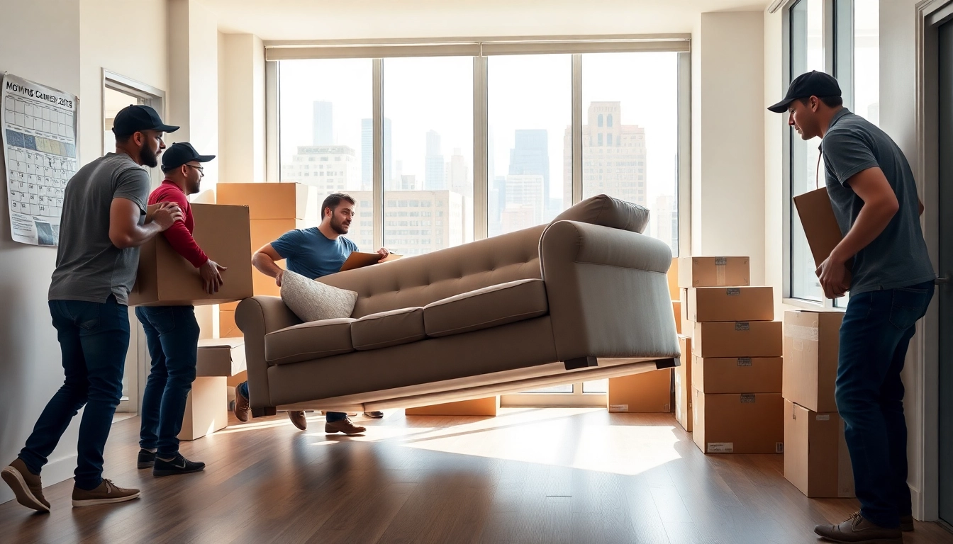 Movers nyc diligently handling a large sofa in a bright New York City apartment, showcasing teamwork and organization.
