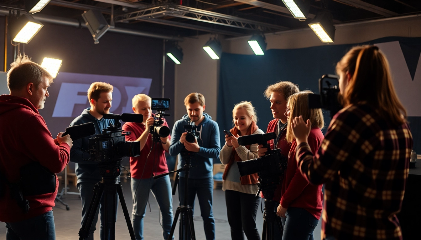 Creative team collaborating on a video project in 영상프로덕션, showcasing cutting-edge equipment and vibrant teamwork.