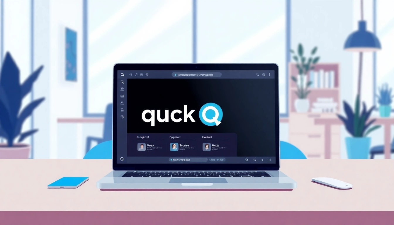 Showcase the interface of quickq官网 on a laptop, highlighting features in a modern workspace.