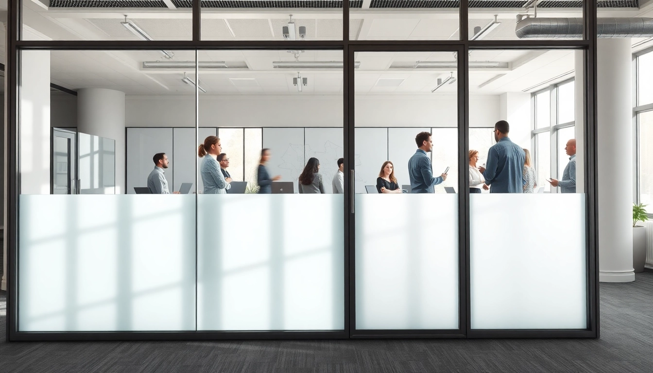 Movable glass partitions enhancing office flexibility and openness in a modern workspace.