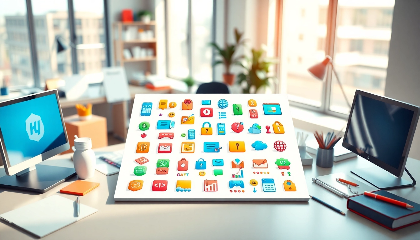 Unique icons creatively displayed in a bright workspace, showcasing vibrant designs.