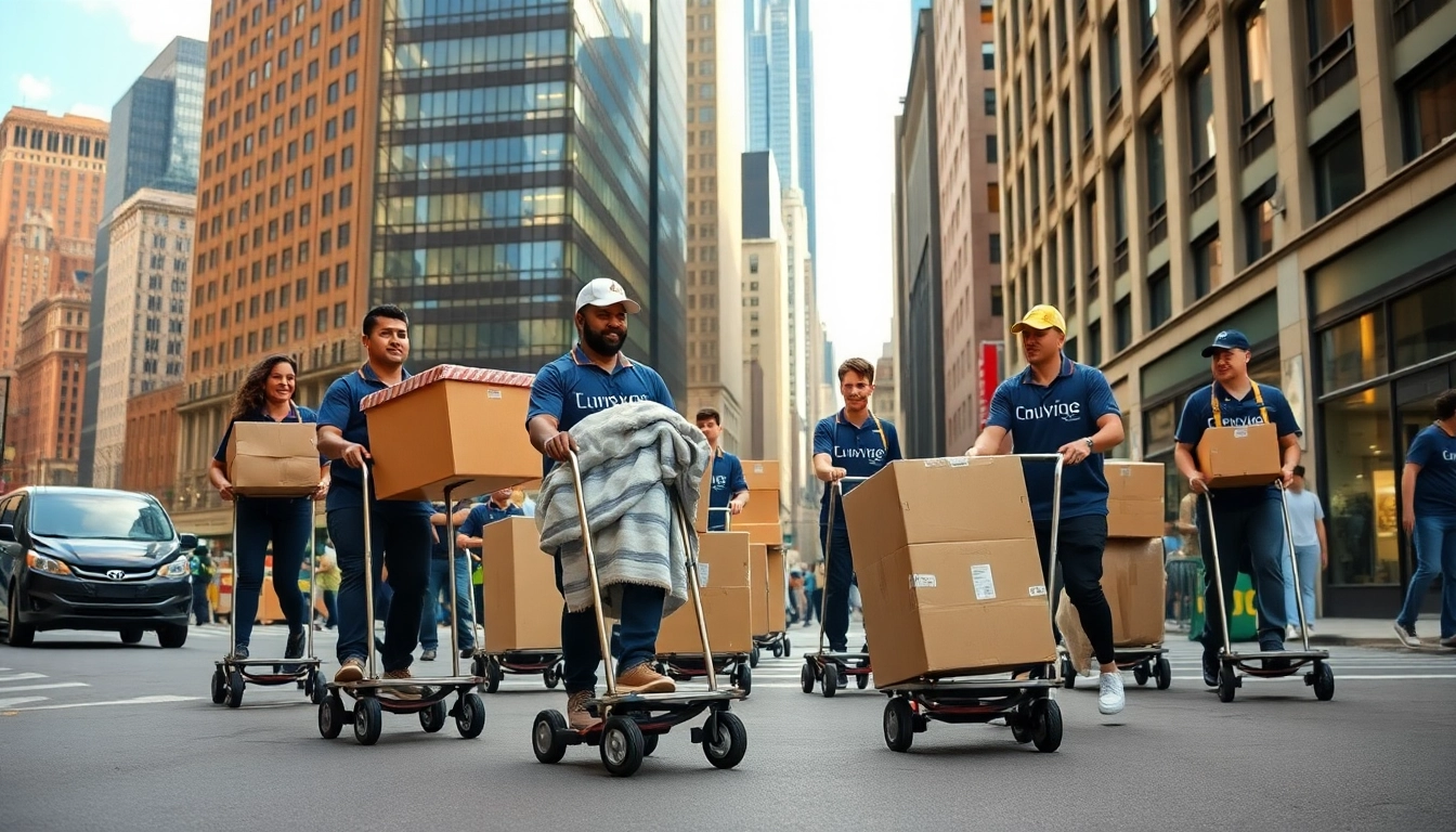 Movers nyc team professionally handling boxes in a busy New York City environment.