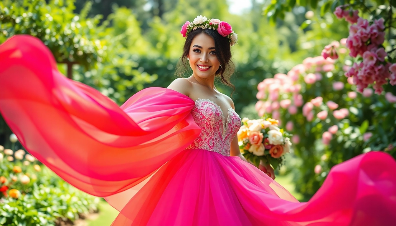 A bride in a colourful wedding dress stands in a garden, exuding elegance and charm.