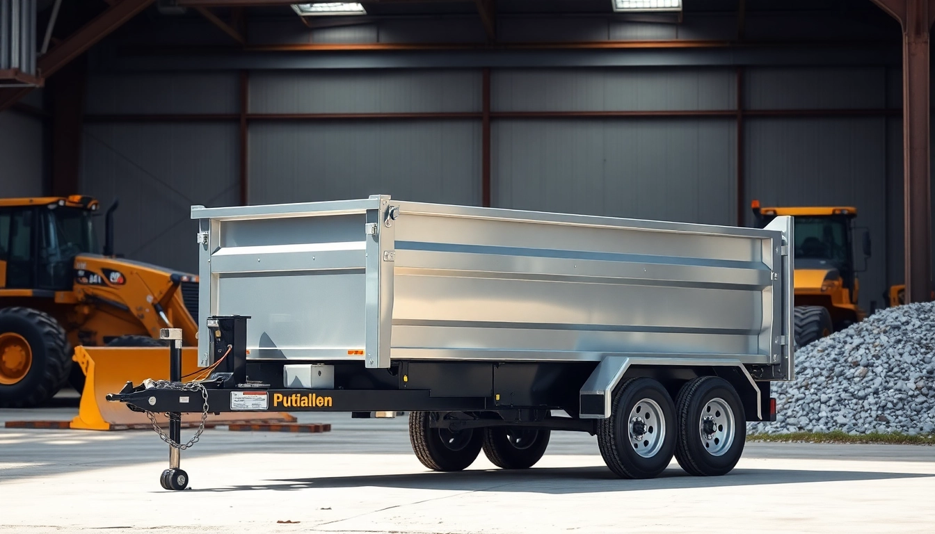 Highlighting hydraulic dump trailers for sale, showcasing a robust model in an industrial setting.