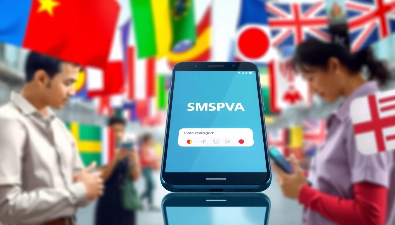 Use SMSPVA to receive SMS codes on a smartphone with a vibrant international flags background.