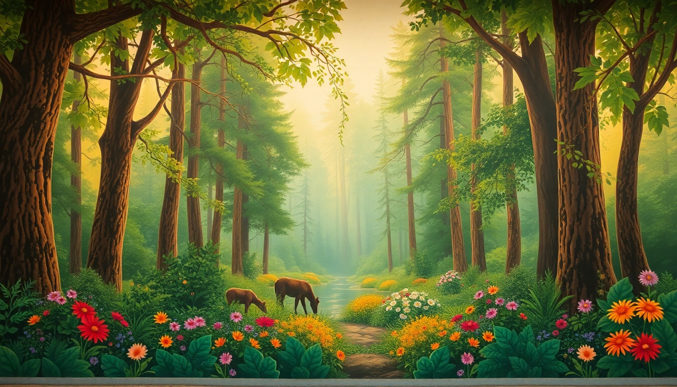 Transform your space with beautiful murale capturing a whimsical forest scene filled with colors and magic.