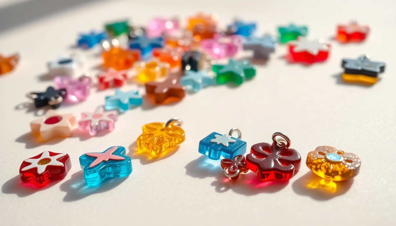 Showcase of vibrant acrylic charms highlighting their unique designs and glossy finishes.