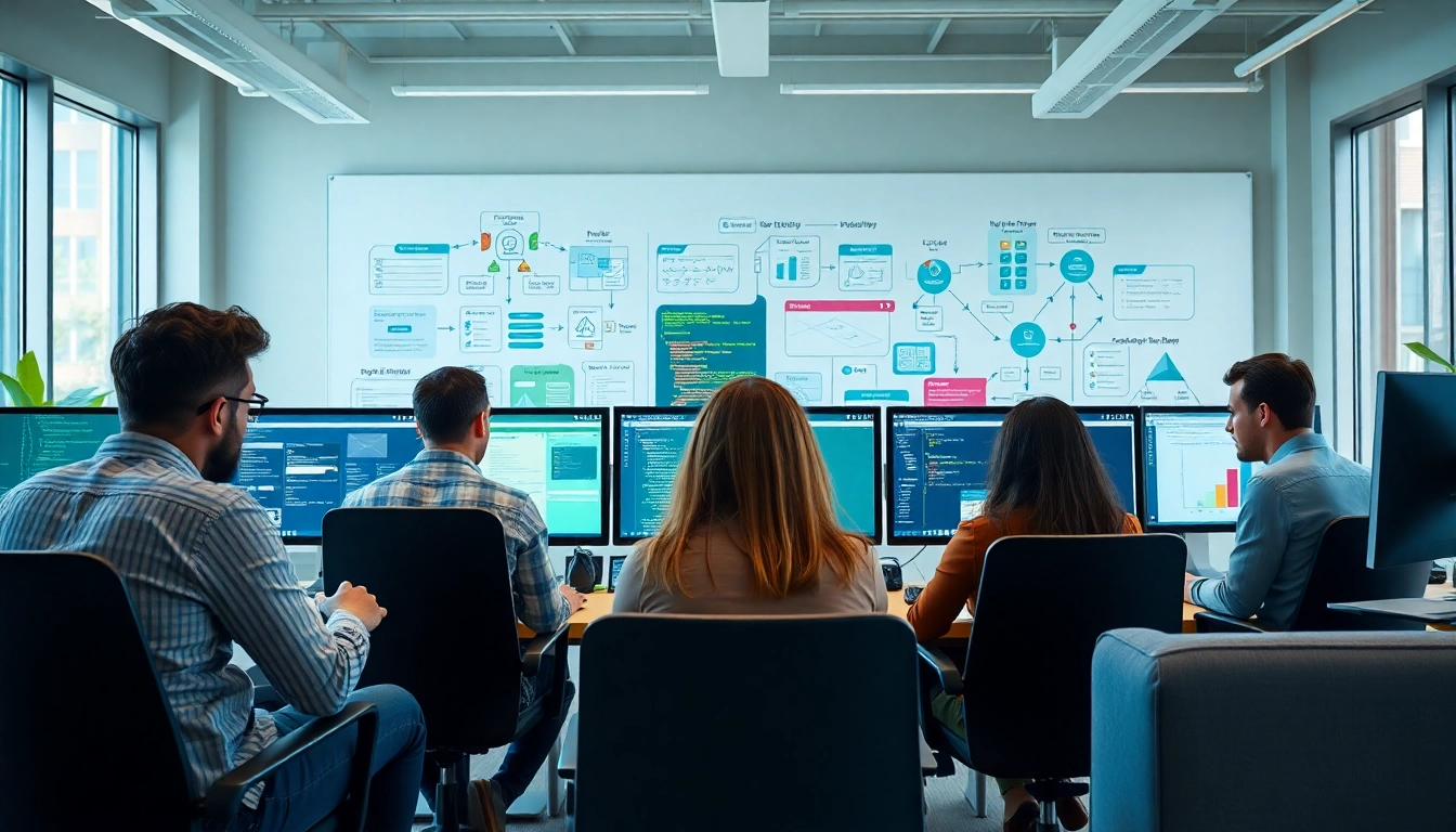 Web development team collaborating in a bright office, showcasing teamwork and innovation.