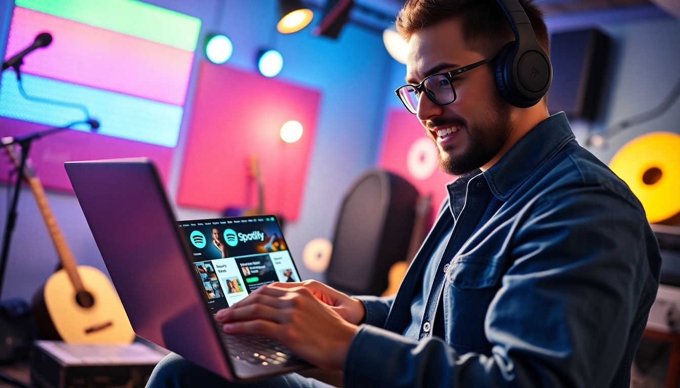 Promoting Spotify music through a vibrant studio environment with energetic musician.