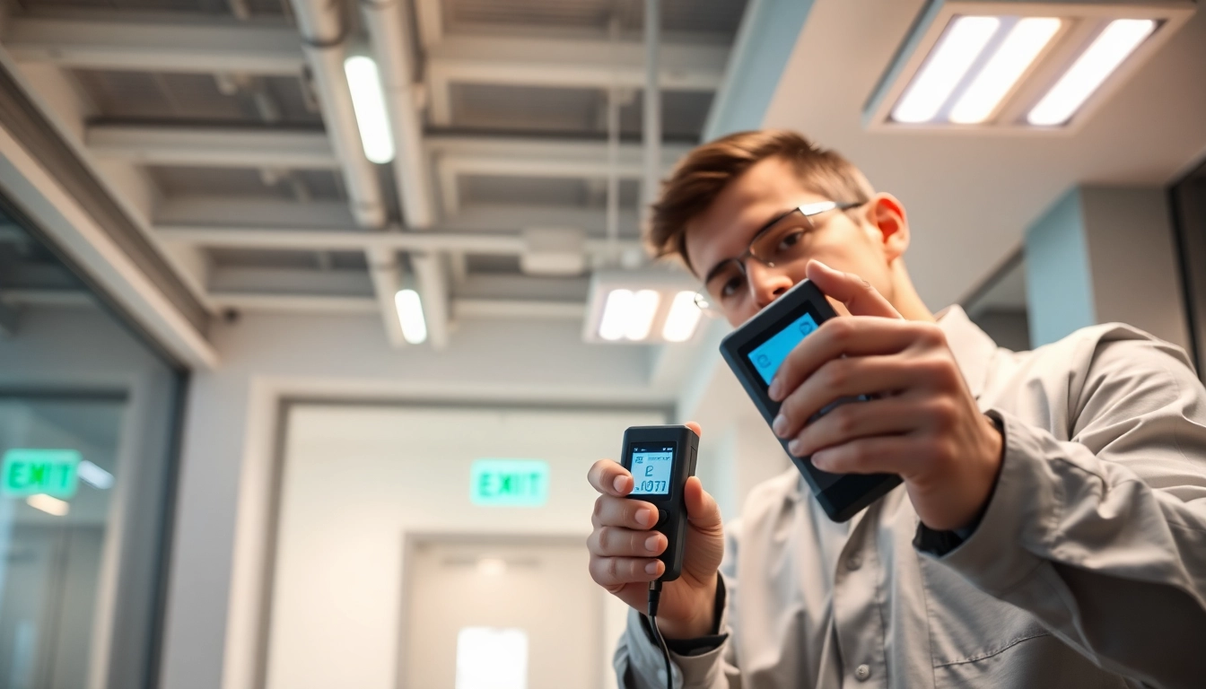Conduct emergency light testing in a professional setting with a technician analyzing systems.