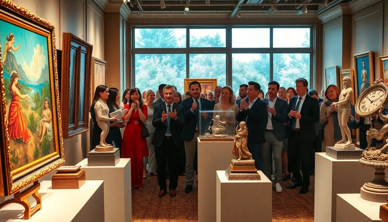 Engaging auction scene showcasing art and collectibles at https://www.avtales.com with diverse bidders.