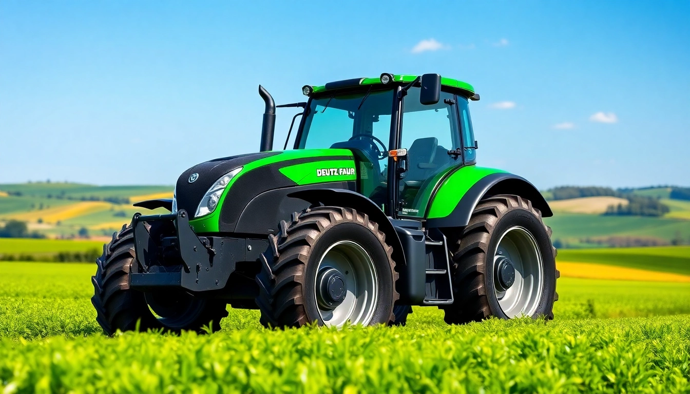 Deutz Fahr Traktor arbeitet effizient im grünen Feld mit modernen Annehmlichkeiten.