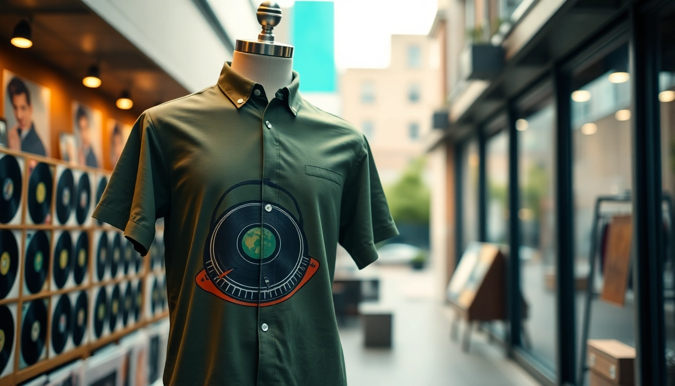 Stylish turntable shirt showcased in a modern urban setting, highlighting music culture.