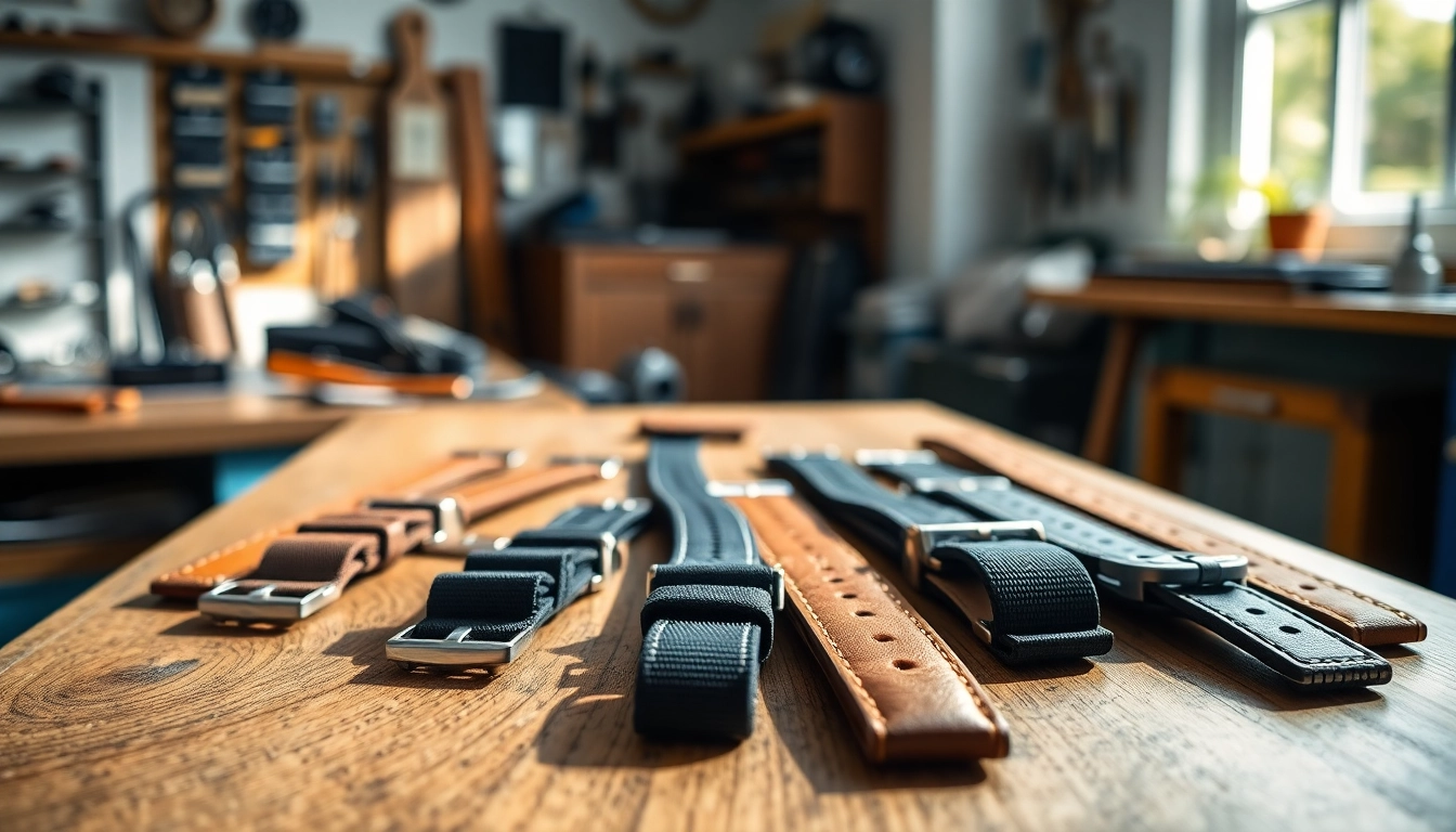 Explore a variety of uk watch straps showcasing different materials and styles on a rustic table.