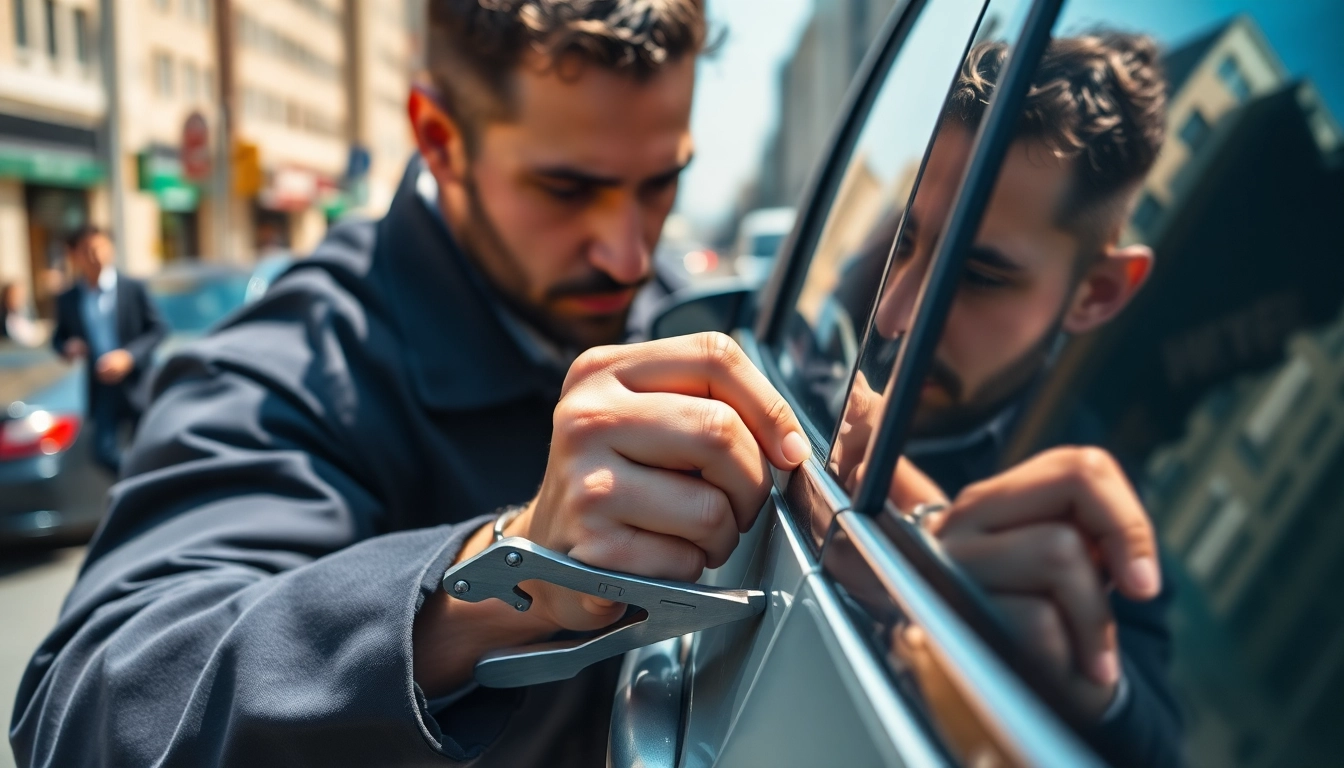 Locksmith assisting with Keys Locked in Car, showcasing tools and technique in action.